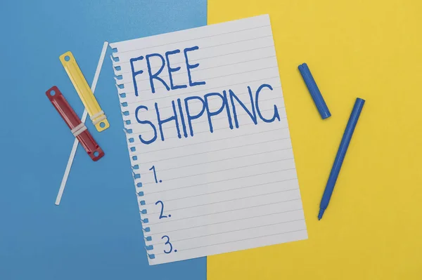 Hand writing sign Free Shipping. Business showcase Freight Cargo Consignment Lading Payload Dispatch Cartage Flashy School Office Supplies, Teaching Learning Collections, Writing Tools, — Stock Photo, Image