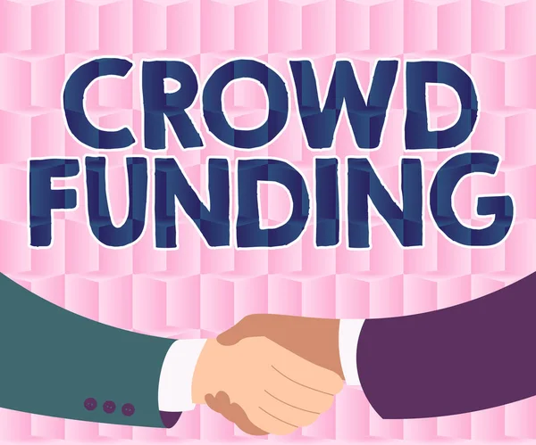Pisanie wyświetlania tekstu Crowd Funding. Word Written on Fundraising Kickstarter Startup Pledge Platform darowizny dwóch mężczyzn czerpiących z tła papieru uścisk dłoni przedstawiając umowy — Zdjęcie stockowe