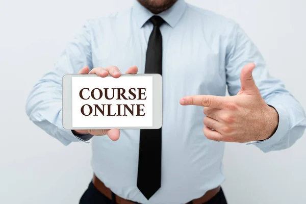 Sign displaying Course Online. Business idea eLearning Electronic Education Distant Study Digital Class Presenting New Technology Ideas Discussing Technological Improvement — Foto Stock
