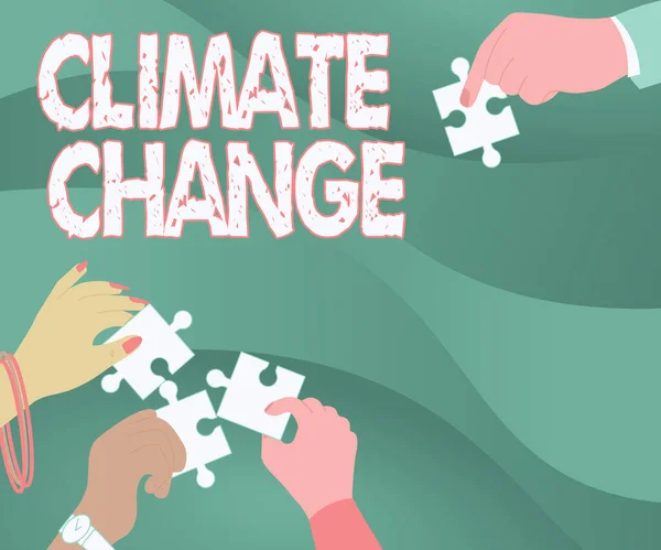 Writing displaying text Climate Change. Conceptual photo Increase in global average temperature Weather transformation Illustration Of Hands Holding Jigsaw Puzzle Pieces Helping Each Others. — Stock Photo, Image
