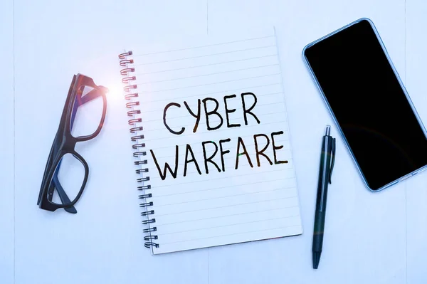 Inspiration showing sign Cyber Warfare. Business idea Virtual War Hackers System Attacks Digital Thief Stalker Flashy School Office Supplies, Teaching Learning Collections, Writing Tools, — Stockfoto