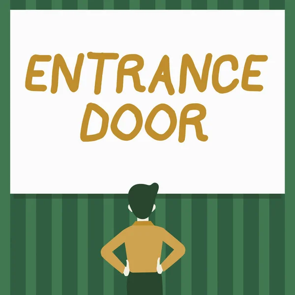 Conceptual caption Entrance Door. Word for Way in Doorway Gate Entry Incoming Ingress Passage Portal Man Drawing Standing Hands N Hips Looking At An Empty Whiteboard. — Stockfoto