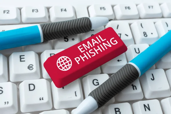 Text rukopisu Email Phishing. Přehled podnikání E-maily, které mohou odkazovat na webové stránky, které distribuují malware Abstraktní psaní nových tabulek, organizace koncepce Filing Systems — Stock fotografie