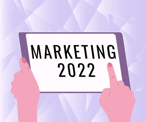2018 년 12 월 22 일에 확인 함 . Business showcase Commercial trends for 2022 New Year promotional event Illustration Of A Hand Using Tablet Searching for New Amazing Ideas. — 스톡 사진