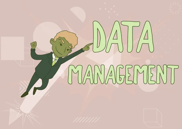 Text sign showing Data Management. Business idea The practice of organizing and maintaining data processes Man Drawing In Uniform Standing Pointing Upward Displaying Leadership. — 图库照片