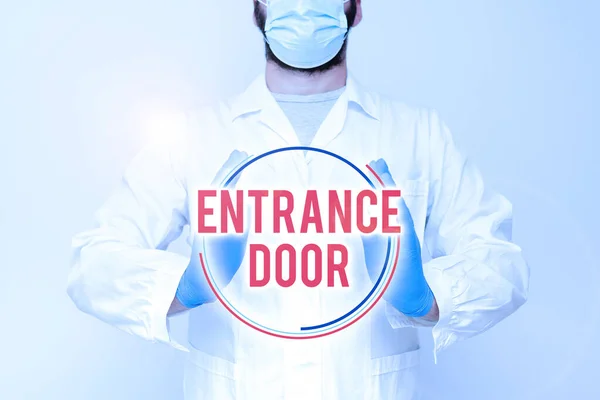 Text caption presenting Entrance Door. Business overview Way in Doorway Gate Entry Incoming Ingress Passage Portal Scientist Demonstrating New Technology, Doctor Giving Medical Advice — Stockfoto