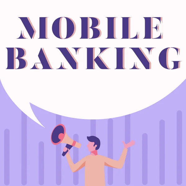 Wyświetlacz koncepcyjny Mobile Banking. Pomysł na biznes Monitorowanie sald kont Przekazywanie środków Płatność rachunków Man Drawing Holding Megaphone With Big Speech Bubble Wyświetlanie wiadomości. — Zdjęcie stockowe