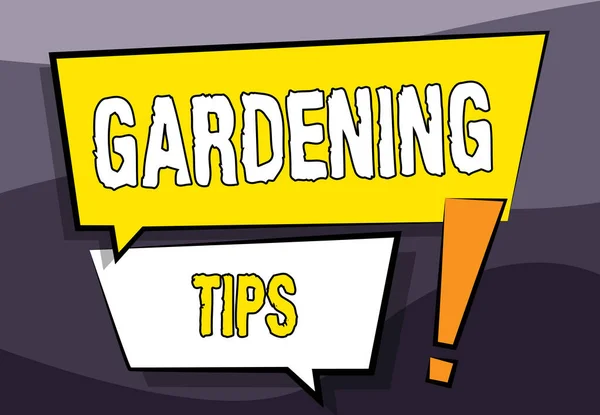 Conceptual caption Gardening Tips. Word Written on Proper Practices in growing crops Botanical Approach Two Colorful Overlapping Dialogue Box Drawing With Exclamation Mark. — Stockfoto