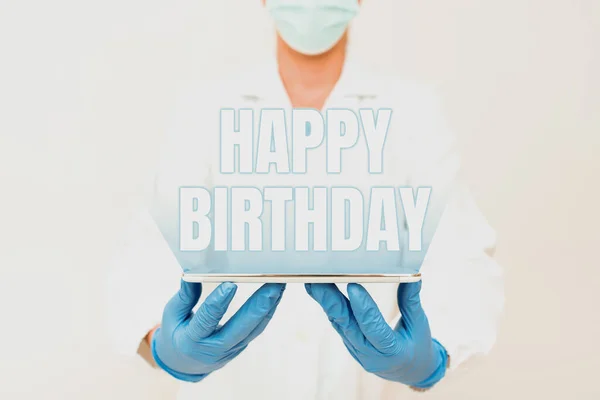Writing displaying text Happy Birthday. Business overview The birth anniversary of a person is celebrated with presents Demonstrating Medical Techology Presenting New Scientific Discovery — Stock Photo, Image