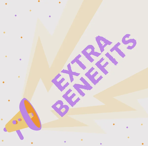 Inspiration showing sign Extra Benefits. Concept meaning Additional compensation Bonus Subsidies Incentives Allowances Megaphone Drawing Producing Lighting Making Announcement. — Stock Photo, Image