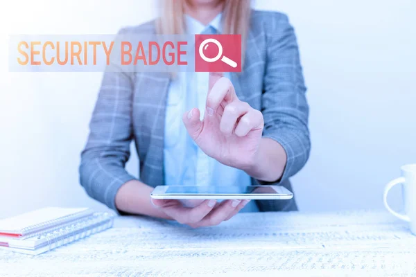 Text showing inspiration Security Badge. Concept meaning Credential used to gain accessed on the controlled area Tech Guru Selling Newly Developed Device, Teacher Confiscating The Phone — Fotografia de Stock
