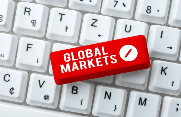 显示启发全球市场的文字。世界各国商品和服务贸易的概念摘要介绍道德黑客，打字创新笔记和想法 — 图库照片
