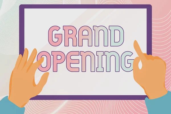 Schrijven met tekst Grand Opening. Word Written on Ribbon Cutting New Business Eerste officiële dag Lancering van handen Illustratie Holding Drawing On Tablet Scree Toont informatie. — Stockfoto