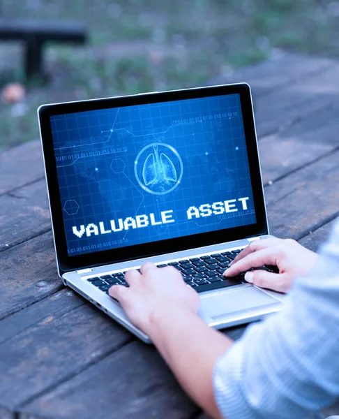 Hand writing sign Valuable Asset. Concept meaning Your most valuable asset is your ability or capacity Laptop Placed Resting On Table Working In The Park Doing Remote Jobs. — Stock Photo, Image
