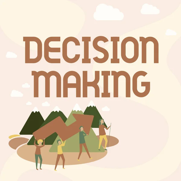 Conceptual display Decision Making. Business showcase The act of deciding between two or more possibilities Four Colleagues Illustration Climbing Mountain Holding Large Arrow. — Fotografia de Stock