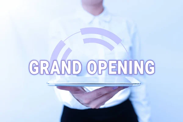 Writing displaying text Grand Opening. Internet Concept Ribbon Cutting New Business First Official Day Launching Presenting New Technology Ideas Discussing Technological Improvement — Stock Photo, Image
