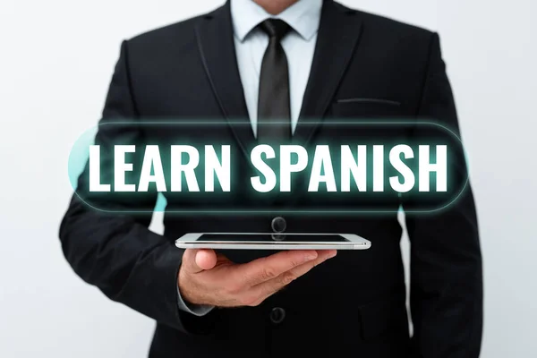Text caption presenting Learn Spanish. Internet Concept Translation Language in Spain Vocabulary Dialect Speech Presenting New Technology Ideas Discussing Technological Improvement — Foto Stock