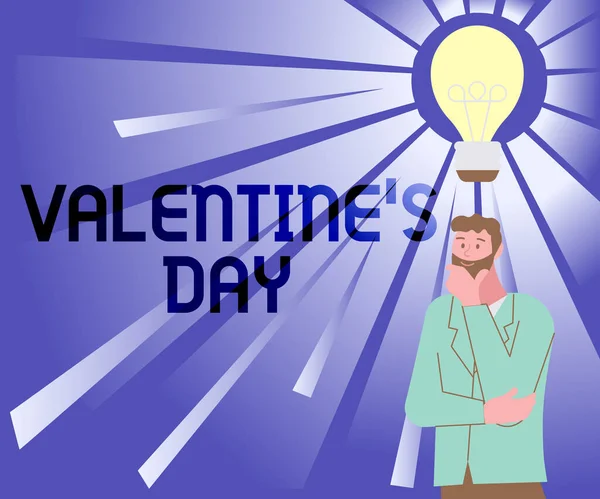 Tekst pisma Walentynki S Day. Biznes showcase czas pokazując uczucia miłości i uczucia Ilustracja człowieka stojącego wymyślając nowe niesamowite pomysły. — Zdjęcie stockowe