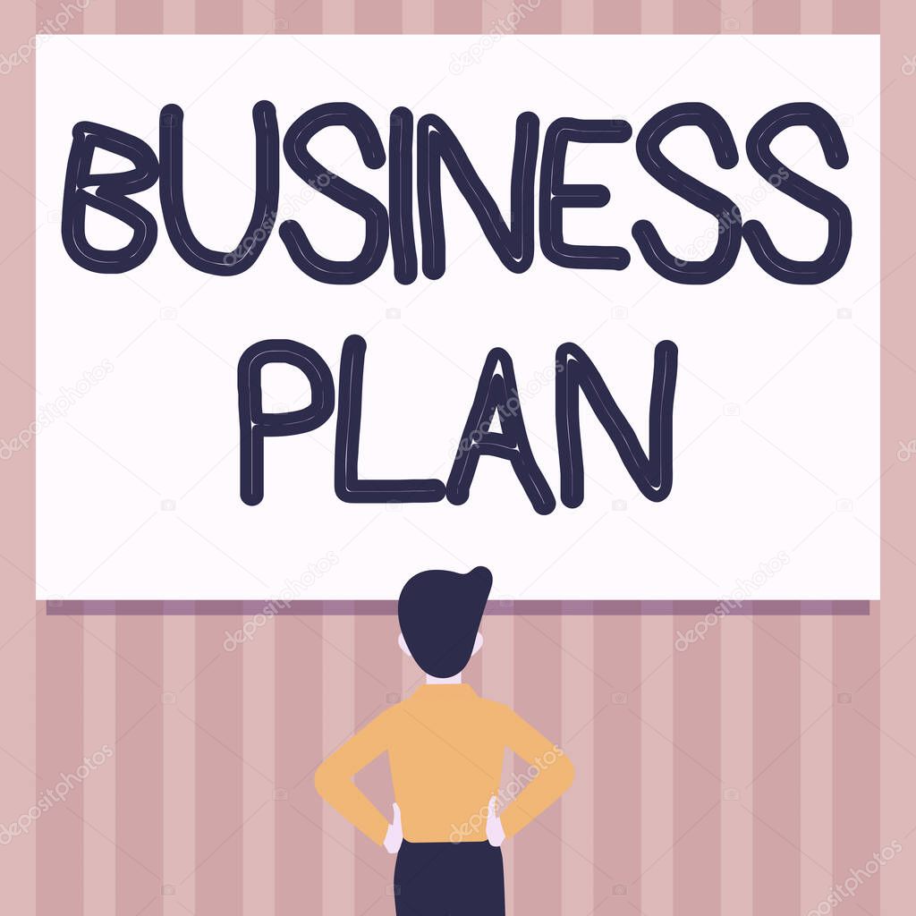 Text caption presenting Business Plan. Business approach Structural Strategy Goals and Objectives Financial Projections Man Drawing Standing Hands N Hips Looking At An Empty Whiteboard.