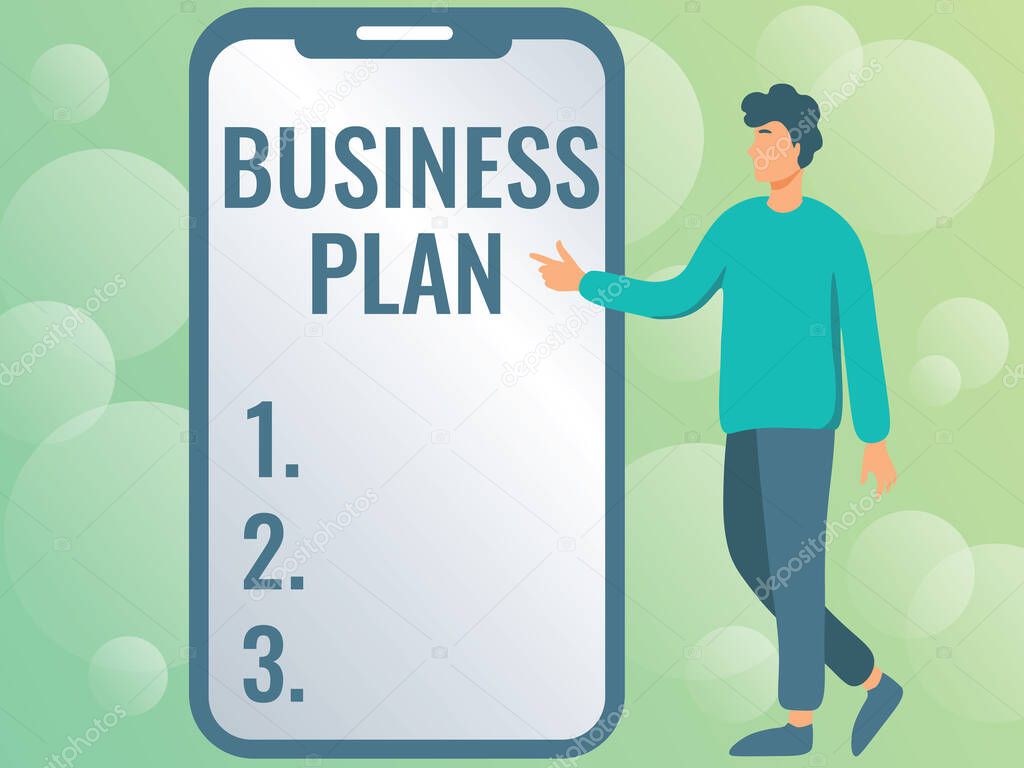 Handwriting text Business Plan. Business idea Structural Strategy Goals and Objectives Financial Projections Man Drawing Standing Next To A Large Phone Pointing Out Technologies.