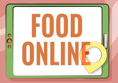 Metin Besin çevrimiçi gösterimi yazılıyor. Açık Dokunmatik Ekran ve Konum Pin Çizimi ile Bilgisayar Tableti Çizimi tarafından doğrudan bir web sitesinde kurulmuş çeşitli yiyecek çeşitleri üzerine yazılmış sözcük.