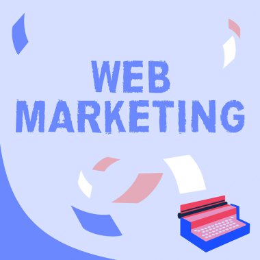 Web Pazarlama sunan metin başlığı. İnternet üzerinden Elektronik Ticari Reklamcılık Online satıcı Vintage Daktilo Çizimi Çoklu Yüzen Kâğıtlar.