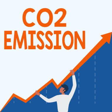 El yazısı metni CO2 emisyonu. İnternet Konsepti, zamanla sera gazlarının atmosfere salınması Adam Grafik Oku Gösteren İşletme Okları Çiziyor.