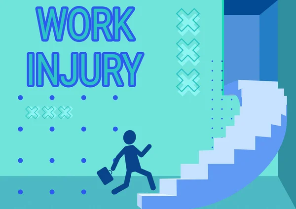 Conceptual caption Work Injury. Business overview an accident occurred as a result of labor resulting to an damage Gentleman In Suit Running Upwards On A Large Stair Steps Showing Progress. — 图库照片