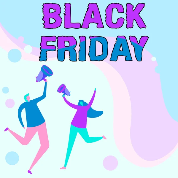 Hand writing sign Black Friday. Business idea a day where seller mark their prices down exclusively for buyer Illustration Of Partners Jumping Around Sharing Thoughts Through Megaphone. — Stockfoto