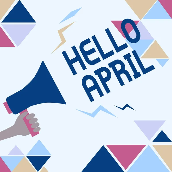 Conceptual caption Hello April. Conceptual photo a greeting expression used when welcoming the month of April Illustration Of Loud Megaphone Making Announcement To The Public. — Fotografia de Stock