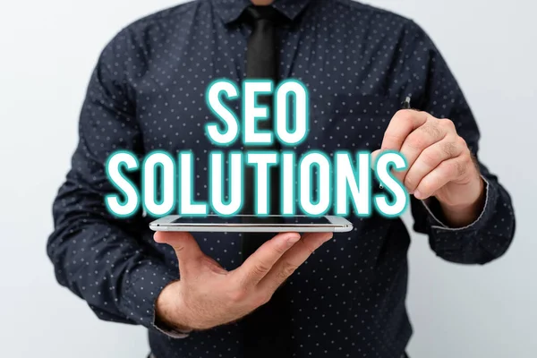 Inspiration showing sign Seo Solutions. Conceptual photo Search Engine Result Page Increase Visitors by Rankings Presenting New Technology Ideas Discussing Technological Improvement — Foto Stock