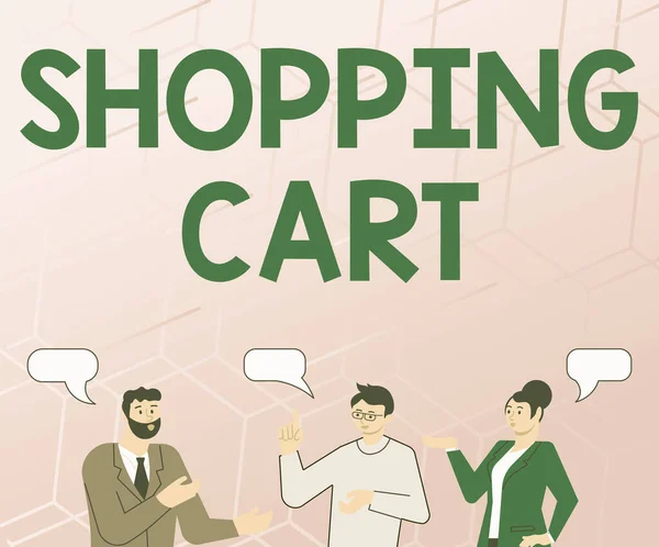 Texto que muestra inspiración Shopping Cart. Word for Case Trolley lleva comestibles y socios de mercadería charlando construyendo nuevas ideas maravillosas para la mejora de habilidades. — Foto de Stock