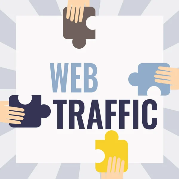 Handschrift tekst Web Traffic. Internet Concept aantal webgebruikers en poging tot bezoek gemeten van een website Illustratie van handen vasthouden Puzzelstukjes Elke kant van de doos. — Stockfoto