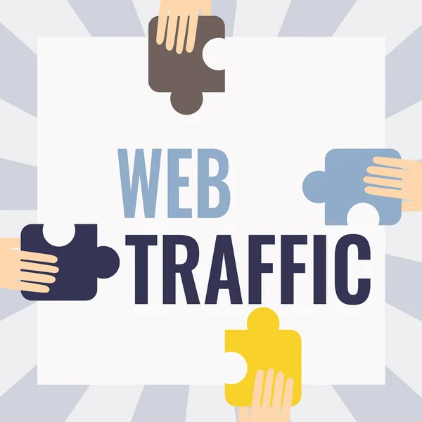 Χειρόγραφο κείμενο Web Traffic. Internet Concept ποσό των χρηστών του διαδικτύου και απόπειρα επίσκεψης μετράται από μια ιστοσελίδα Εικονογράφηση των χεριών που κατέχουν κομμάτια παζλ κάθε πλευρά του πλαισίου. — Φωτογραφία Αρχείου