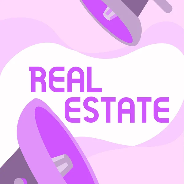 Text showing inspiration Real Estate. Business concept total property consisting of both natural resource and building Pair Of Megaphone Drawing Making Announcement In Chat Cloud. — Stock Photo, Image