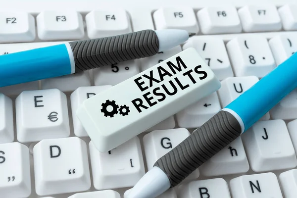 Handwriting text Exam Results. Word for An outcome of a formal test that shows knowledge or ability Transcribing Online Voice Recordings, Typing And Recording Important Notes — Stockfoto