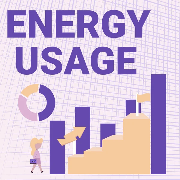 Conceptual display Energy Usage. Internet Concept Amount of energy consumed or used in a process or system Business Woman Walking Towards Large Graph Showing Performance — 图库照片