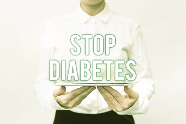 文字标志显示停止糖尿病。商业展示血糖水平高于正常注射胰岛素提出新技术构想探讨技术改进 — 图库照片