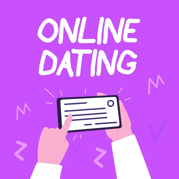 Conceptual display Online Dating. Word Written on Searching Matching Relationships eDating Video Chatting Illustration Of Hand Holding Important Identification Card Pointing It. — Stock Photo, Image