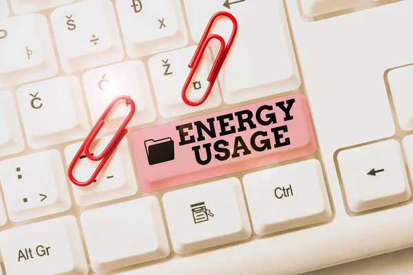 Hand writing sign Energy Usage. Business overview Amount of energy consumed or used in a process or system Typing Firewall Program Codes, Typewriting Rules And Regulations Book — Fotografia de Stock