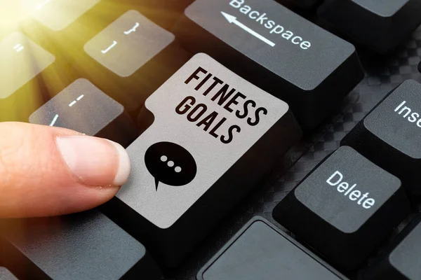 Sign displaying Fitness Goals. Internet Concept Loose fat Build muscle Getting stronger Conditioning Editing New Story Title, Typing Online Presentation Prompter Notes