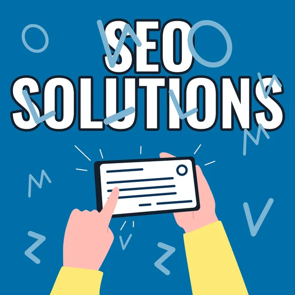 Text showing inspiration Seo Solutions. Word Written on Search Engine Result Page Increase Visitors by Rankings Illustration Of Hand Holding Important Identification Card Pointing It. — Stockfoto