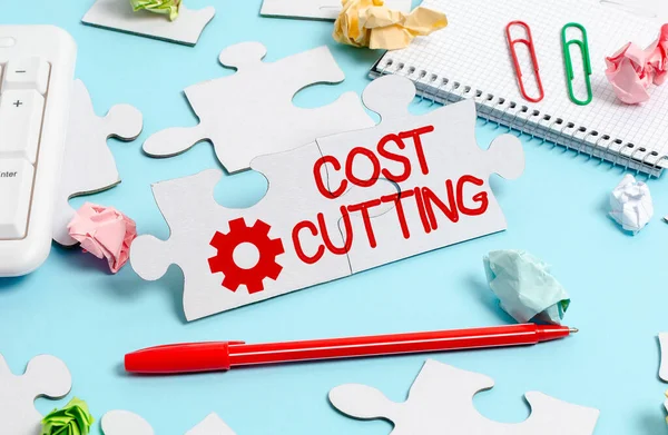 Text caption presenting Cost Cutting. Business overview Measures implemented to reduced expenses and improved profit Building An Unfinished White Jigsaw Pattern Puzzle With Missing Last Piece — Stockfoto