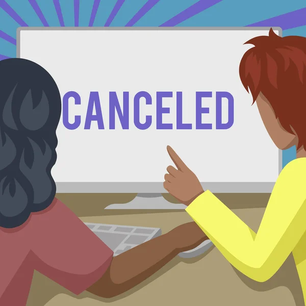 Text sign showing Canceled. Business idea to decide not to conduct or perform something planned or expected Couple Drawing Using Desktop Computer Accomplishing Their Work. — 图库照片