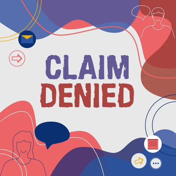 Text caption presenting Claim Denied. Internet Concept Requested reimbursement payment for bill has been refused Illustration Couple Speaking In Chat Cloud Exchanging Messages. — Foto Stock