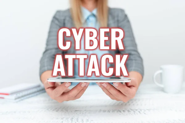 Text sign showing Cyber Attack. Word for An attempt by hackers to Damage Destroy a Computer System Tech Guru Selling Newly Developed Device, Teacher Confiscating The Phone — Stockfoto