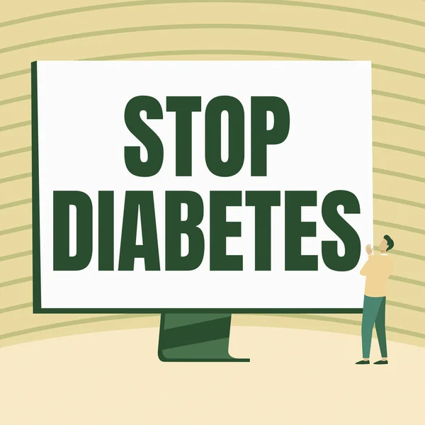 Writing displaying text Stop Diabetes. Business concept Blood Sugar Level is higher than normal Inject Insulin Man Standing Drawing Looking At Large Monitor Display Showing News.