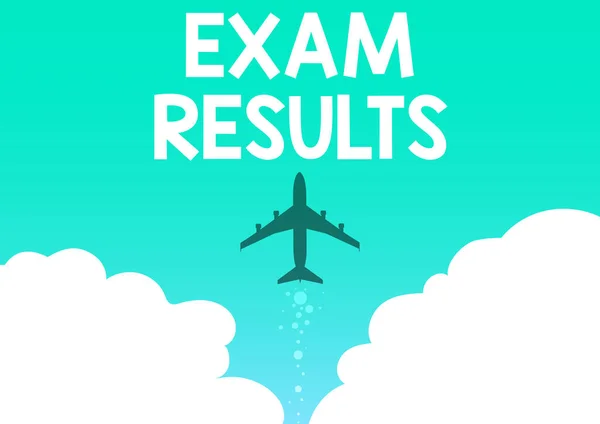 Texto manuscrito Resultados del examen. Foto conceptual Resultado de una prueba formal que muestra el conocimiento o la habilidad Ilustración del lanzamiento de un avión directo a los cielos. — Foto de Stock