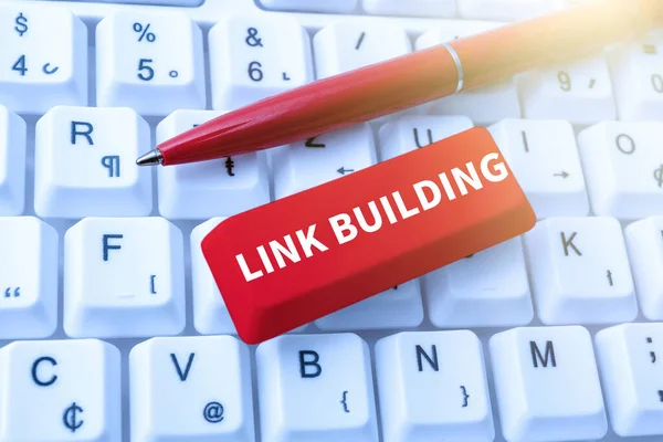 Inspiration showing sign Link Building. Business concept SEO Term Exchange Links Acquire Hyperlinks Indexed Typing Product Ingredients, Abstract Presenting Upgraded Keyboard — Stockfoto