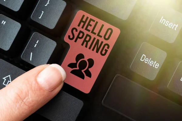 Handwriting text Hello Spring. Business overview Welcoming the season after the winter Blossoming of flowers Typing Employment Agreement Sample, Transcribing Online Talk Show Audio — Stockfoto